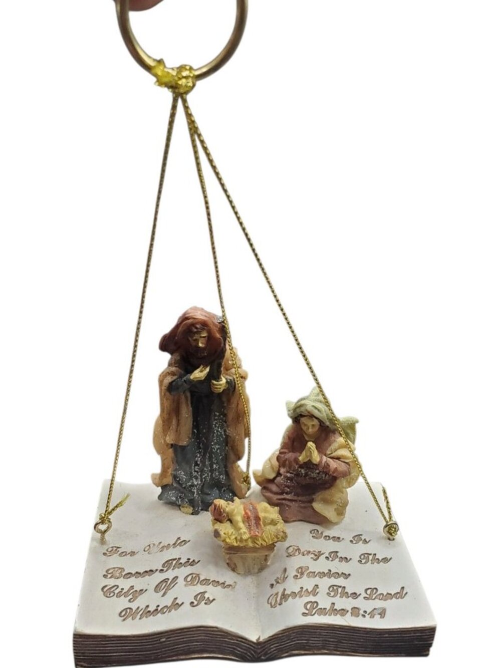 Holy Family Nativity Hanging Ornament Open Bible Luke 2:11 Christmas Décor "3.5"